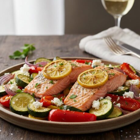 Pečeni losos s povrćem i feta sirom